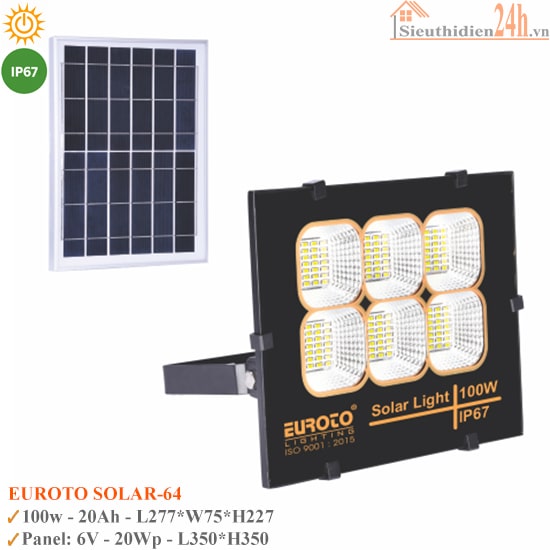Đèn Pha Năng Lượng Mặt Trời Euroto Solar-64 100W