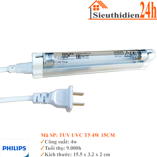 Bộ Đèn UV Diệt Khuẩn Philips TUV UVC T5 4W 15CM