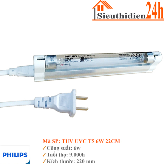Bộ Đèn UV Diệt Khuẩn Philips TUV UVC T5 6W 22CM