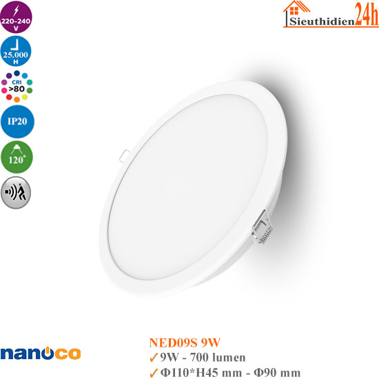 Đèn Led Âm Trần Cảm Biến Eco Nanoco NED09S 9W