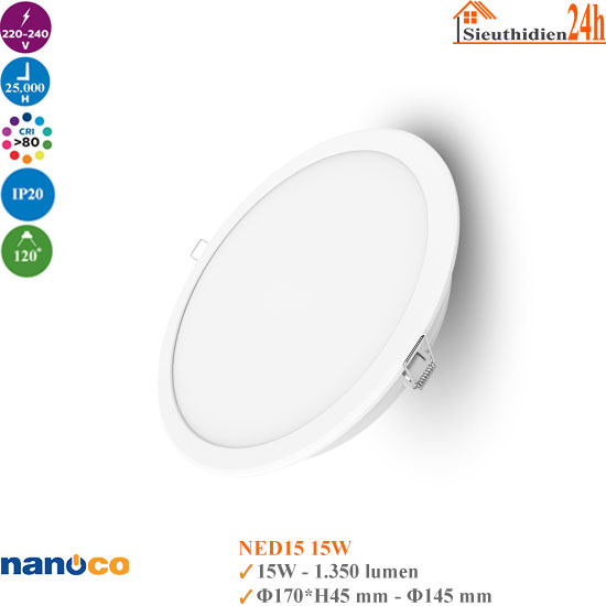 Đèn Led Âm Trần Eco Nanoco NED15 15W