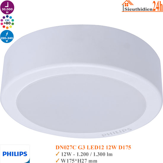 Đèn Led Ốp Trần Philips DN027C G3 LED12 D175 12W