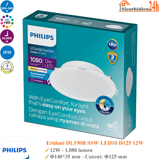 Đèn Âm Trần Đổi Màu Philips 12W Eridani DL190B SSW LED10 D125