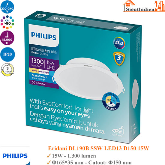Đèn Âm Trần Đổi Màu Philips 15W Eridani DL190B SSW LED13 D150