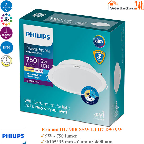 Đèn Âm Trần Đổi Màu Philips 9W Eridani DL190B SSW LED7 D90