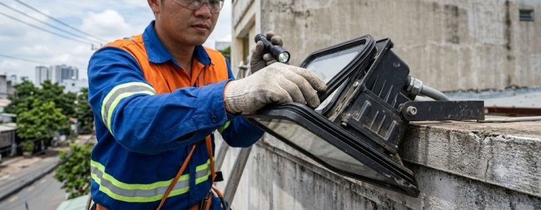 Lắp đặt đèn pha cho bảng hiệu