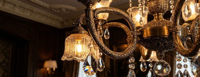 Cận cảnh khung đồng và chao thủy tinh đèn chùm cổ điển đang bật sáng, chi tiết chạm khắc rõ nét