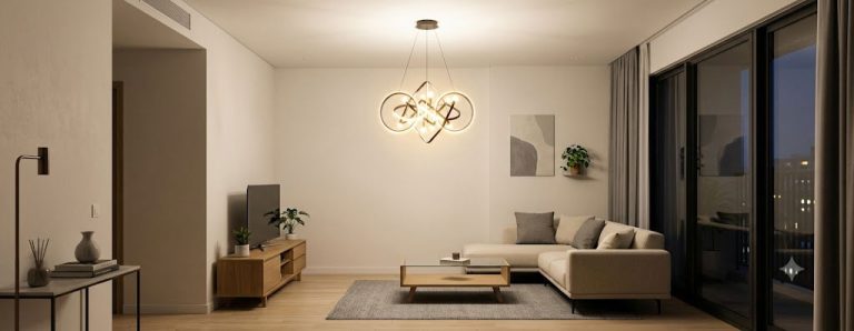 Đèn chùm hiện đại gọn nhẹ treo giữa phòng khách căn hộ chung cư đang bật sáng