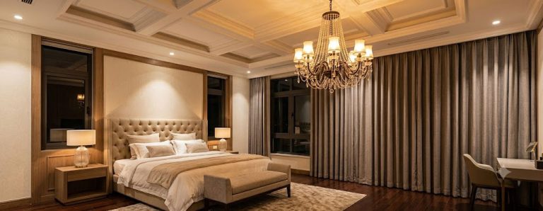 Phòng ngủ master lắp đèn chùm hiện đại ánh sáng vàng ấm đang bật sáng