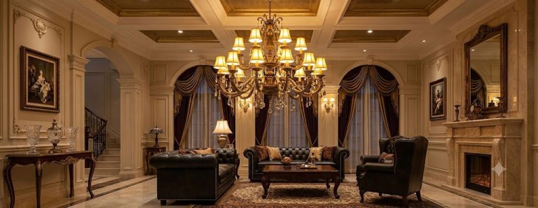 Đèn chùm cổ điển khung đồng nhiều tay treo trong phòng khách biệt thự đang bật sáng