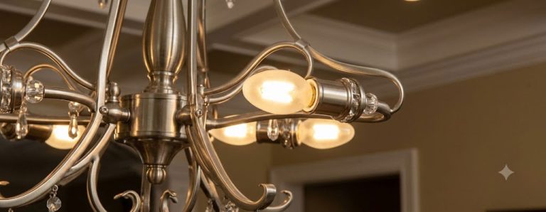Cận cảnh khung kim loại và bóng LED của đèn chùm phổ thông đang bật sáng