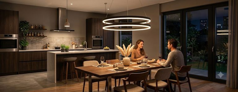Đèn chùm hiện đại dạng vòng tròn LED treo trên bàn ăn nhà phố đang bật sáng