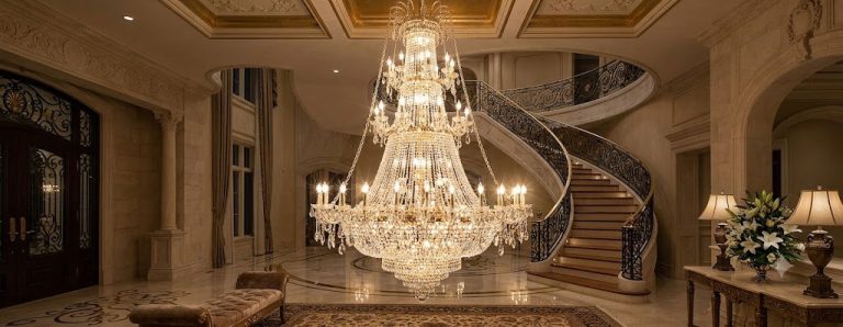 Đèn chùm pha lê nhiều tầng treo giữa sảnh biệt thự đang bật sáng, ánh sáng phản chiếu lấp lánh