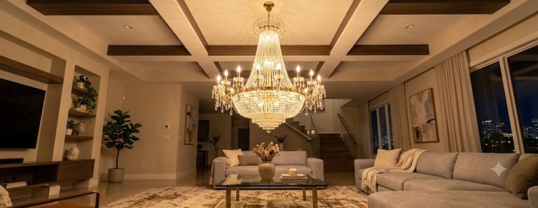 Đèn chùm pha lê treo giữa phòng khách hiện đại đang bật sáng