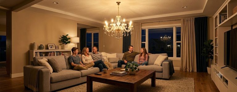 Đèn chùm treo giữa phòng khách gia đình đang bật sáng vào buổi tối