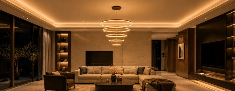 Đèn chùm vòng đồng tâm kích thước khác nhau trong phòng khách hiện đại