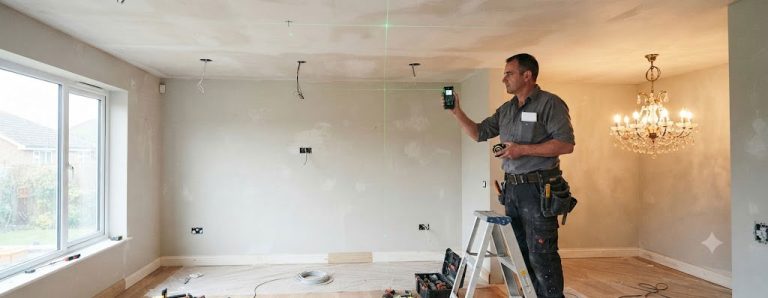 Thợ điện đang đo đạc vị trí tâm trần bằng thước laser trước khi lắp đèn chùm, đèn mẫu đang bật sáng bên cạnh